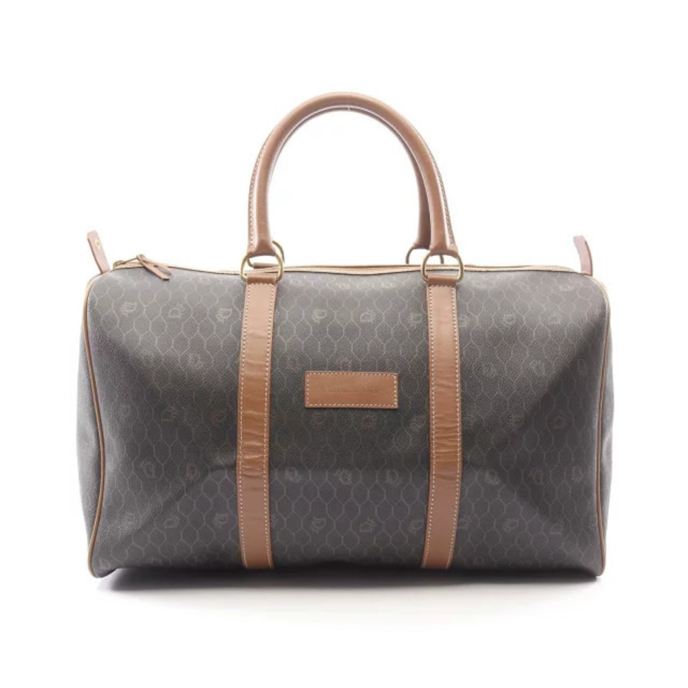 Christian Dior Honeycomb Boston Bag Canvas Leather Black Brown
